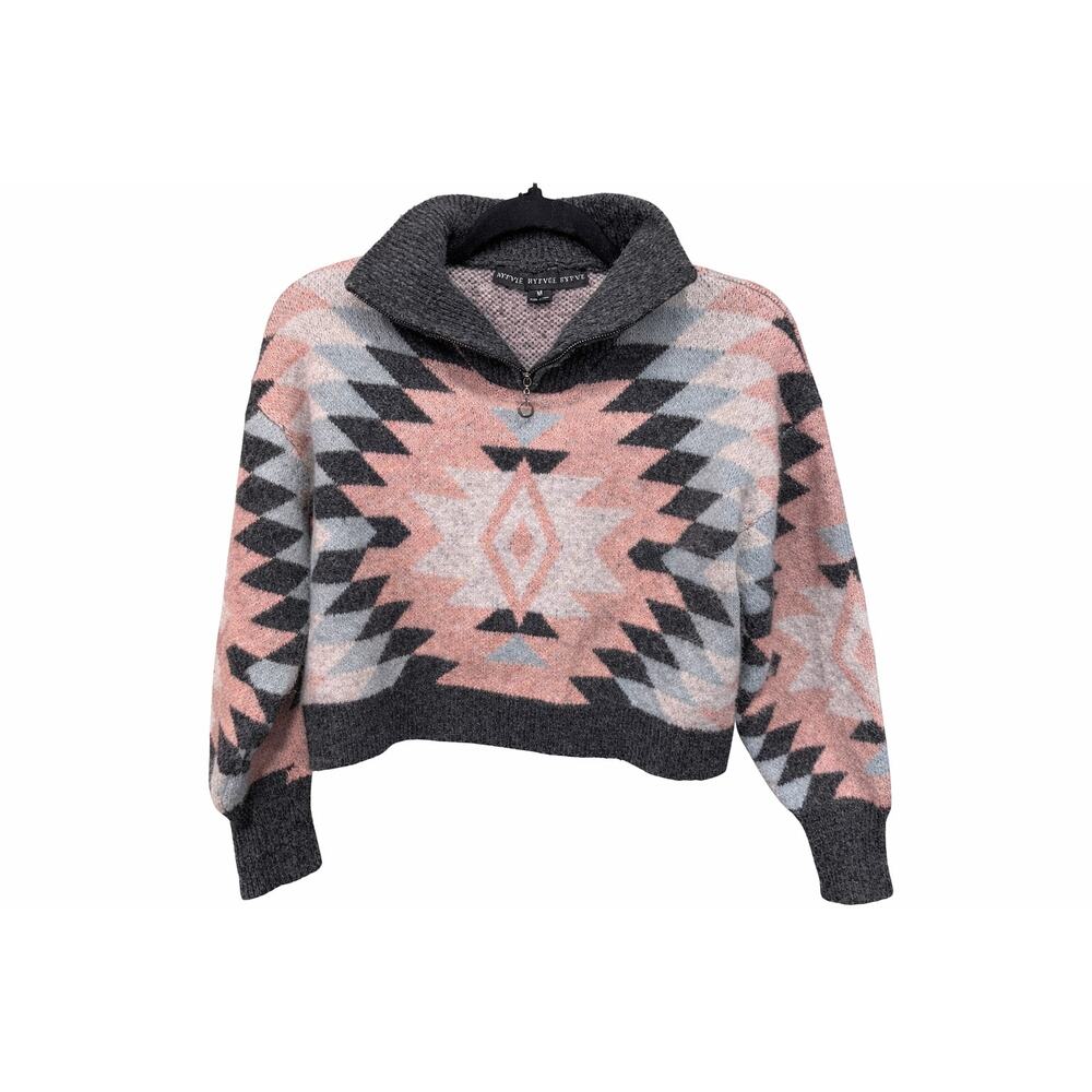 FIFTY NINE NINETY Brand Crop Aztec Quarter Zip Pullover PinkBlue Western Medium